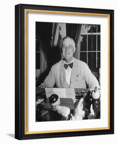 Portrait of President Franklin Roosevelt Alone, Smiling, at Desk in White House-George Skadding-Framed Photographic Print