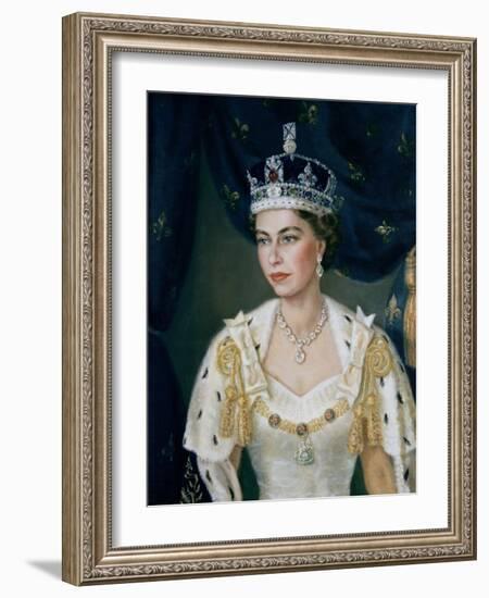 Portrait of Queen Elizabeth II wearing coronation robes and the Imperial State Crown-Lydia de Burgh-Framed Giclee Print