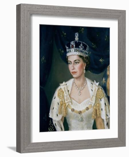 Portrait of Queen Elizabeth II wearing coronation robes and the Imperial State Crown-Lydia de Burgh-Framed Giclee Print