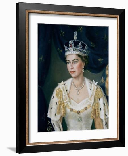 Portrait of Queen Elizabeth II wearing coronation robes and the Imperial State Crown-Lydia de Burgh-Framed Giclee Print