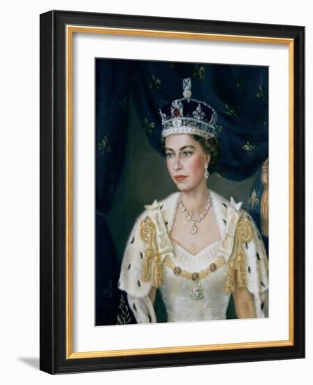 Portrait of Queen Elizabeth II wearing coronation robes and the Imperial State Crown-Lydia de Burgh-Framed Giclee Print