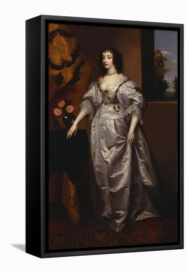 Portrait of Queen Henrietta-Maria, Full Length Wearing a Grey Satin Dress, by a Table, with a…-Sir Anthony Van Dyck (Follower of)-Framed Premier Image Canvas
