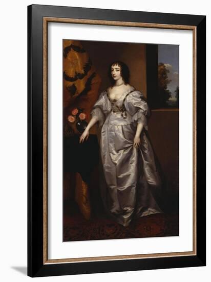 Portrait of Queen Henrietta-Maria, Full Length Wearing a Grey Satin Dress, by a Table, with a…-Sir Anthony Van Dyck (Follower of)-Framed Giclee Print