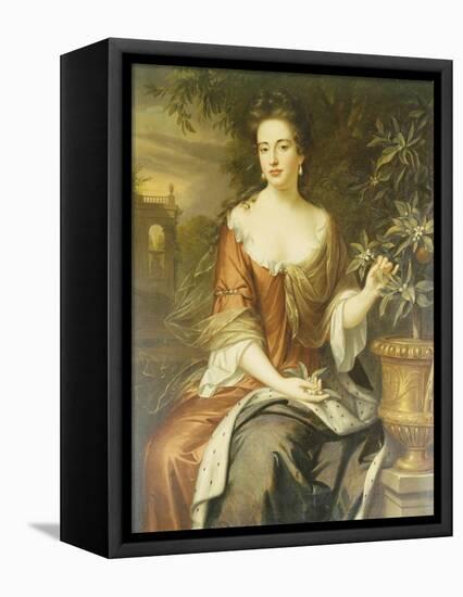 Portrait of Queen Mary II, Wearing a Blue and Red Dress and Holding a Sprig of Orange Blossom-William Wissing-Framed Premier Image Canvas