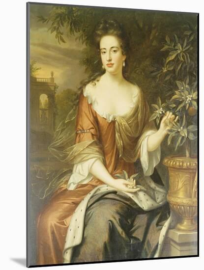 Portrait of Queen Mary II, Wearing a Blue and Red Dress and Holding a Sprig of Orange Blossom-William Wissing-Mounted Giclee Print