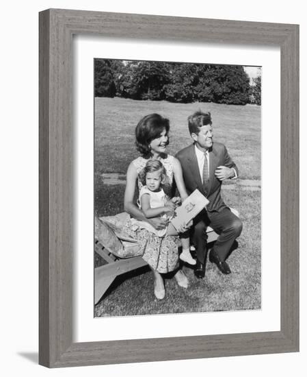 Portrait of Senator John F. Kennedy with Wife Jackie and Daughter Caroline Outside at Summer Home-Paul Schutzer-Framed Photographic Print