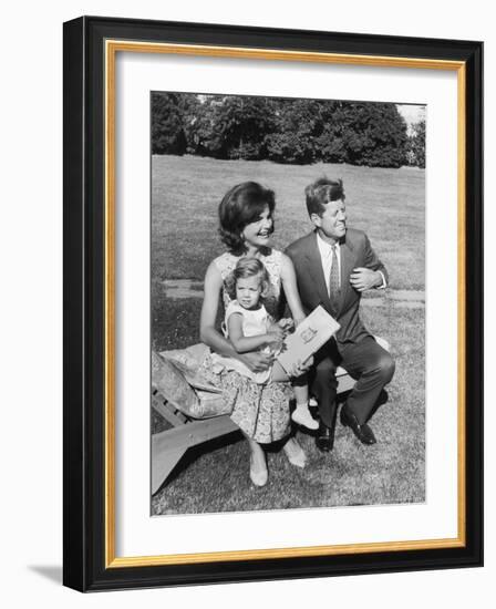 Portrait of Senator John F. Kennedy with Wife Jackie and Daughter Caroline Outside at Summer Home-Paul Schutzer-Framed Photographic Print