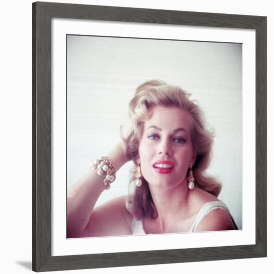 Portrait of Swedish-Born Actress Anita Ekberg with Ornate Bracelet and Earrings-Allan Grant-Framed Premium Photographic Print