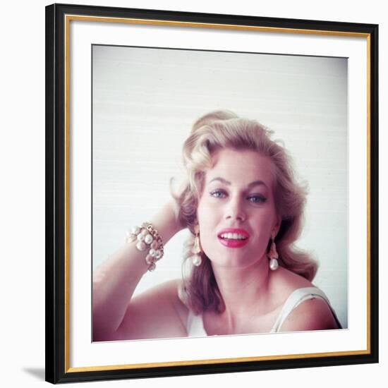 Portrait of Swedish-Born Actress Anita Ekberg with Ornate Bracelet and Earrings-Allan Grant-Framed Premium Photographic Print