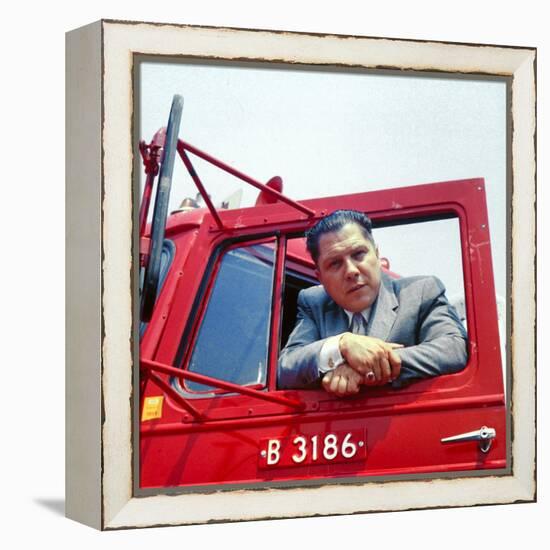 Portrait of Teamsters Union Pres. Jimmy Hoffa Leaning Out Window of Red Truck-Hank Walker-Framed Premier Image Canvas