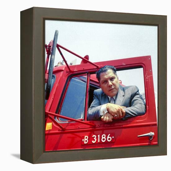 Portrait of Teamsters Union Pres. Jimmy Hoffa Leaning Out Window of Red Truck-Hank Walker-Framed Premier Image Canvas