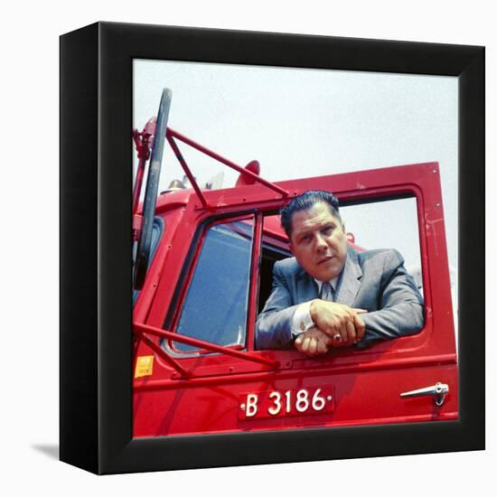 Portrait of Teamsters Union Pres. Jimmy Hoffa Leaning Out Window of Red Truck-Hank Walker-Framed Premier Image Canvas