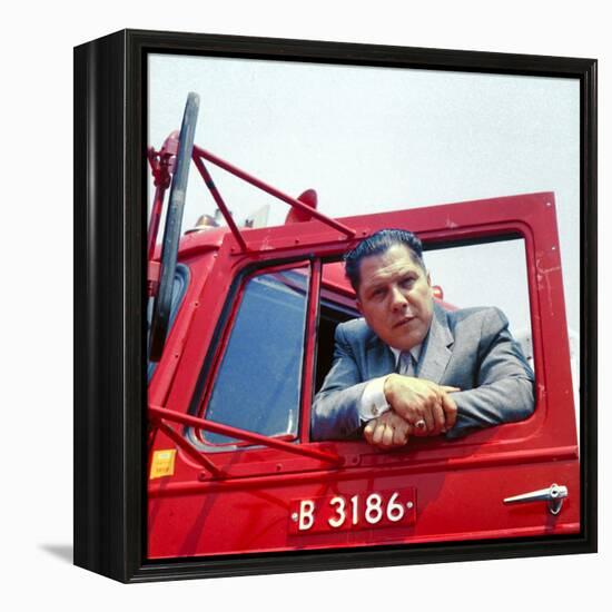 Portrait of Teamsters Union Pres. Jimmy Hoffa Leaning Out Window of Red Truck-Hank Walker-Framed Premier Image Canvas