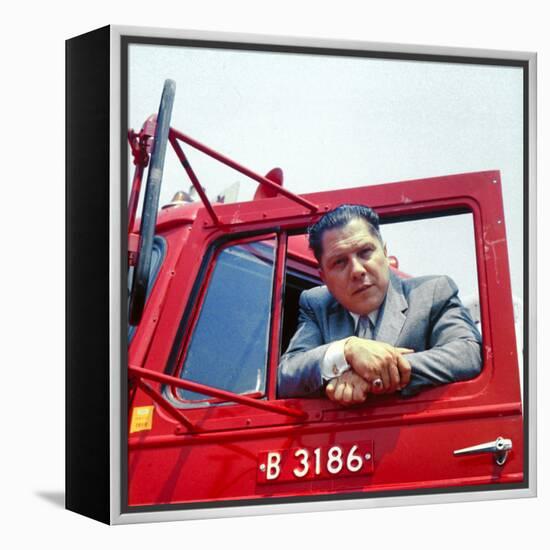 Portrait of Teamsters Union Pres. Jimmy Hoffa Leaning Out Window of Red Truck-Hank Walker-Framed Premier Image Canvas