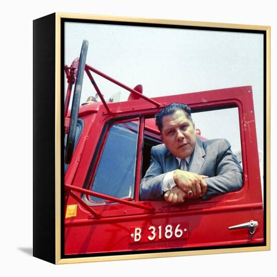 Portrait of Teamsters Union Pres. Jimmy Hoffa Leaning Out Window of Red Truck-Hank Walker-Framed Premier Image Canvas