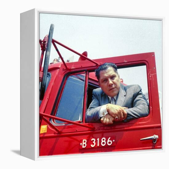 Portrait of Teamsters Union Pres. Jimmy Hoffa Leaning Out Window of Red Truck-Hank Walker-Framed Premier Image Canvas