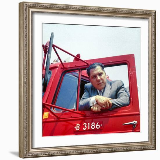 Portrait of Teamsters Union Pres. Jimmy Hoffa Leaning Out Window of Red Truck-Hank Walker-Framed Premium Photographic Print