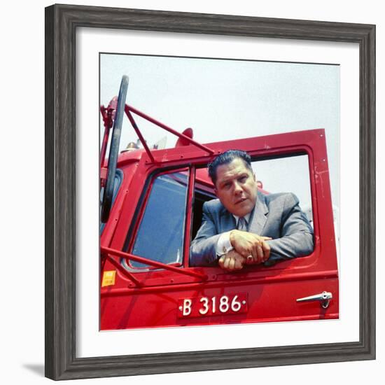 Portrait of Teamsters Union Pres. Jimmy Hoffa Leaning Out Window of Red Truck-Hank Walker-Framed Premium Photographic Print