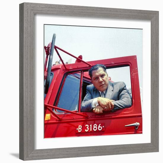 Portrait of Teamsters Union Pres. Jimmy Hoffa Leaning Out Window of Red Truck-Hank Walker-Framed Premium Photographic Print