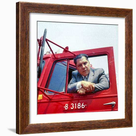 Portrait of Teamsters Union Pres. Jimmy Hoffa Leaning Out Window of Red Truck-Hank Walker-Framed Premium Photographic Print