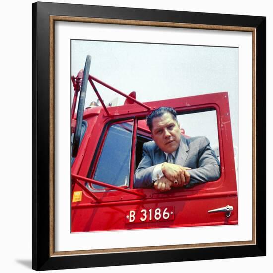 Portrait of Teamsters Union Pres. Jimmy Hoffa Leaning Out Window of Red Truck-Hank Walker-Framed Premium Photographic Print