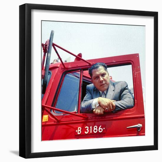 Portrait of Teamsters Union Pres. Jimmy Hoffa Leaning Out Window of Red Truck-Hank Walker-Framed Premium Photographic Print