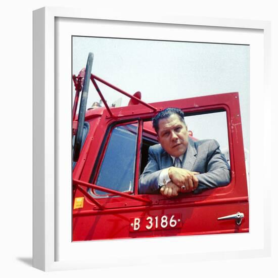 Portrait of Teamsters Union Pres. Jimmy Hoffa Leaning Out Window of Red Truck-Hank Walker-Framed Premium Photographic Print