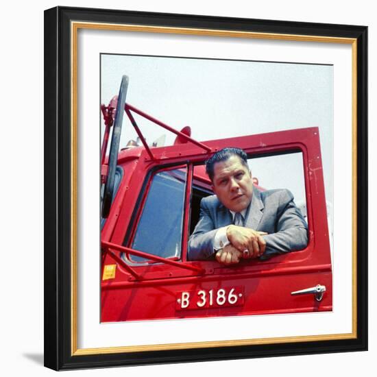 Portrait of Teamsters Union Pres. Jimmy Hoffa Leaning Out Window of Red Truck-Hank Walker-Framed Premium Photographic Print