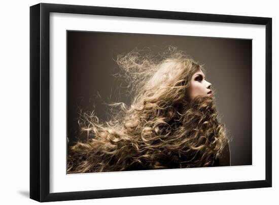 Portrait of the Beautiful Woman with Long Curly Hair-dpaint-Framed Photographic Print