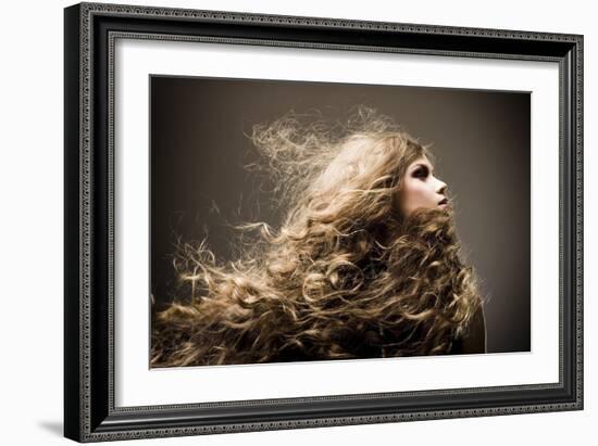 Portrait of the Beautiful Woman with Long Curly Hair-dpaint-Framed Photographic Print