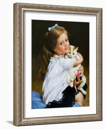 Portrait Of The Girl With A Cat-balaikin2009-Framed Art Print