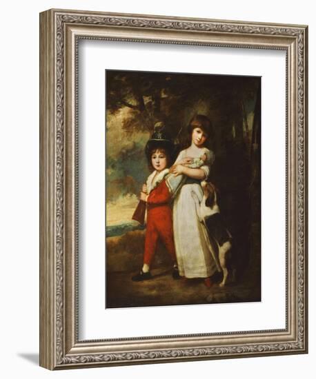 Portrait of the Vernon Children, the Little Girl Standing Full Length in a White Dress Tied with…-George Romney-Framed Giclee Print