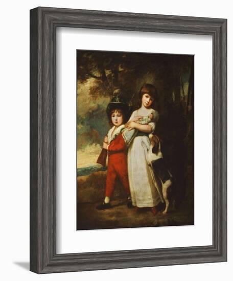 Portrait of the Vernon Children, the Little Girl Standing Full Length in a White Dress Tied with…-George Romney-Framed Giclee Print