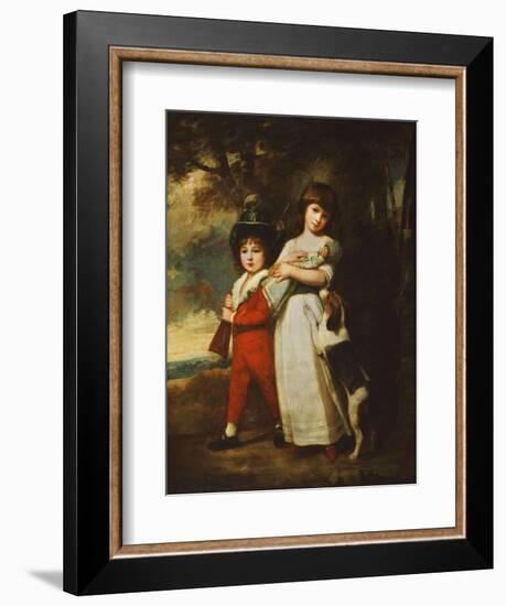Portrait of the Vernon Children, the Little Girl Standing Full Length in a White Dress Tied with…-George Romney-Framed Giclee Print