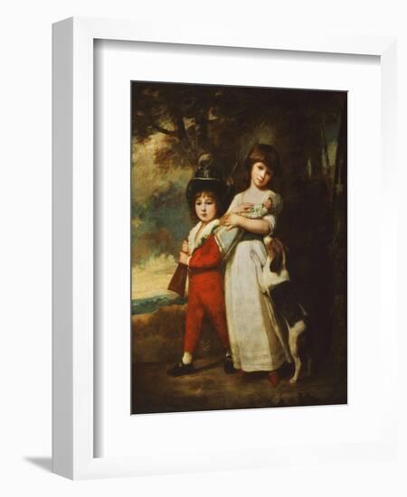 Portrait of the Vernon Children, the Little Girl Standing Full Length in a White Dress Tied with…-George Romney-Framed Giclee Print