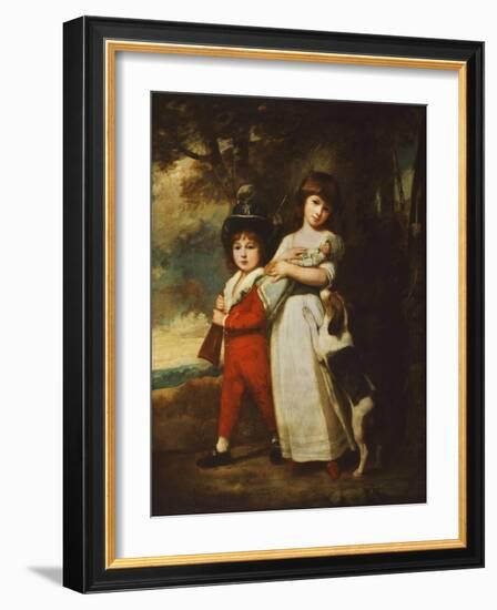 Portrait of the Vernon Children, the Little Girl Standing Full Length in a White Dress Tied with…-George Romney-Framed Giclee Print