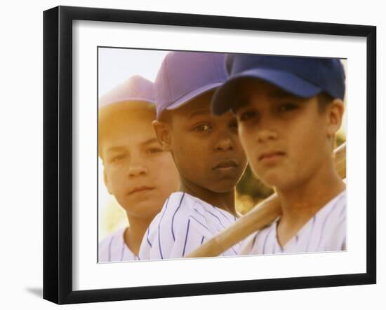 Portrait of Three Boys in Full Baseball Uniforms-null-Framed Photographic Print