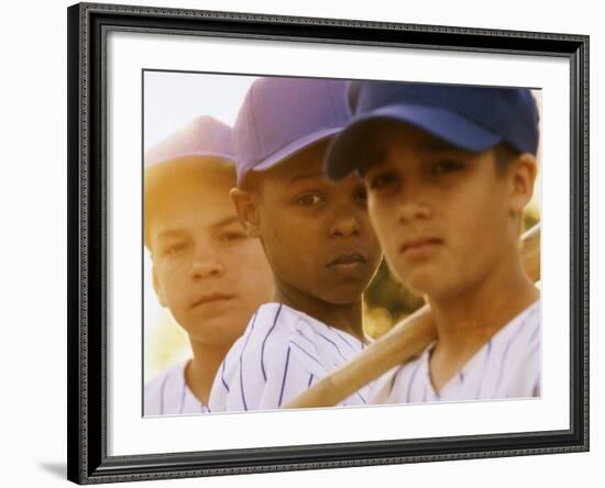 Portrait of Three Boys in Full Baseball Uniforms-null-Framed Photographic Print