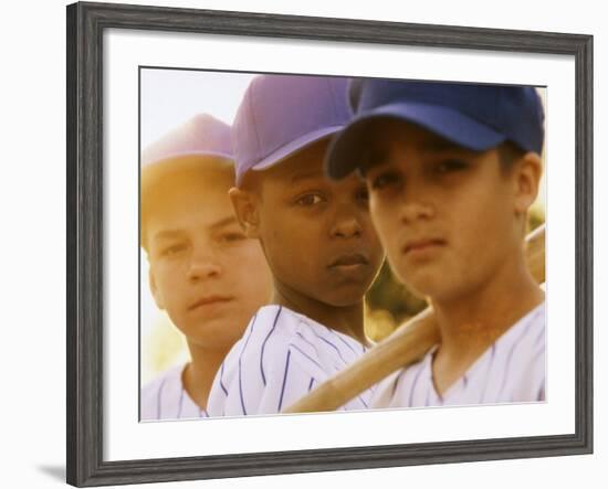 Portrait of Three Boys in Full Baseball Uniforms-null-Framed Photographic Print