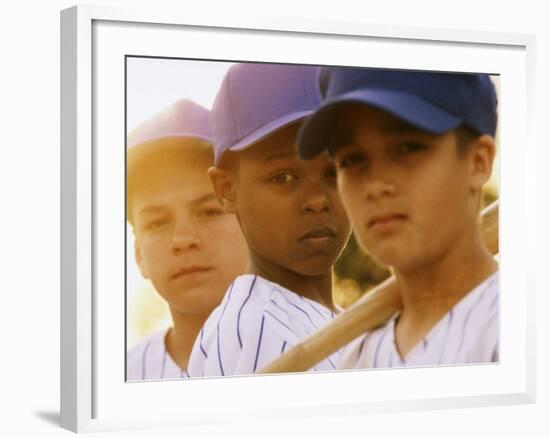 Portrait of Three Boys in Full Baseball Uniforms-null-Framed Photographic Print