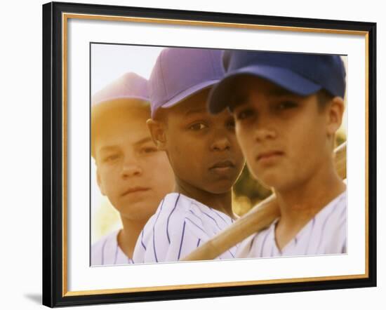 Portrait of Three Boys in Full Baseball Uniforms-null-Framed Photographic Print