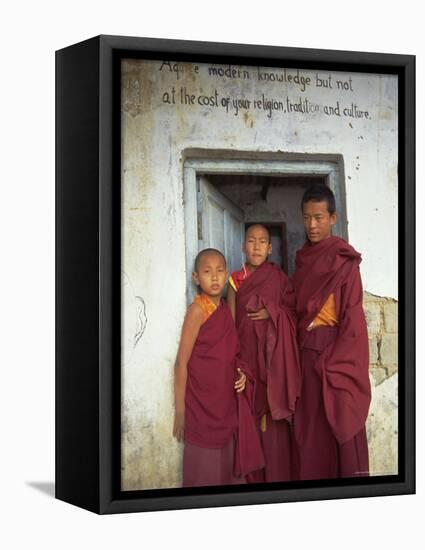 Portrait of Three Tibetan Buddhist Monks, Tashi Jong Monastery, Tibet, China-Simon Westcott-Framed Premier Image Canvas