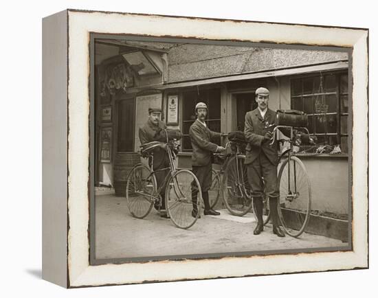 Portrait of Three Young Men with Bicycles Outside a Train Station, Kent, UK, C.1920-null-Framed Premier Image Canvas