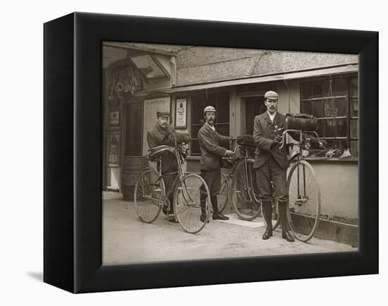 Portrait of Three Young Men with Bicycles Outside a Train Station, Kent, UK, C.1920-null-Framed Premier Image Canvas