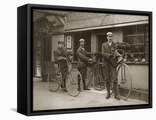 Portrait of Three Young Men with Bicycles Outside a Train Station, Kent, UK, C.1920-null-Framed Premier Image Canvas