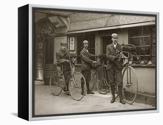 Portrait of Three Young Men with Bicycles Outside a Train Station, Kent, UK, C.1920-null-Framed Premier Image Canvas