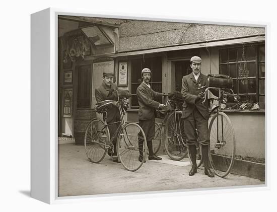 Portrait of Three Young Men with Bicycles Outside a Train Station, Kent, UK, C.1920-null-Framed Premier Image Canvas