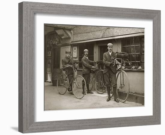 Portrait of Three Young Men with Bicycles Outside a Train Station, Kent, UK, C.1920-null-Framed Photographic Print