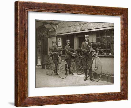 Portrait of Three Young Men with Bicycles Outside a Train Station, Kent, UK, C.1920-null-Framed Photographic Print