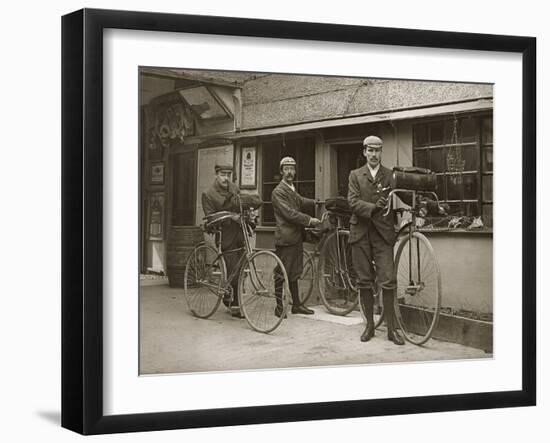 Portrait of Three Young Men with Bicycles Outside a Train Station, Kent, UK, C.1920-null-Framed Photographic Print